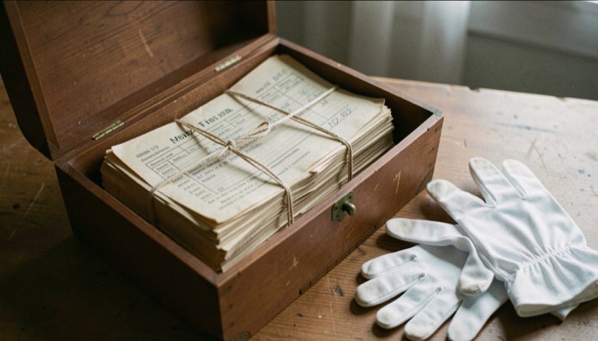 Ein geöffneter Archivkasten zeigt Bündel alter Rechnungen, zusammengehalten von verblassten Bändern, daneben liegen weiße Handschuhe.