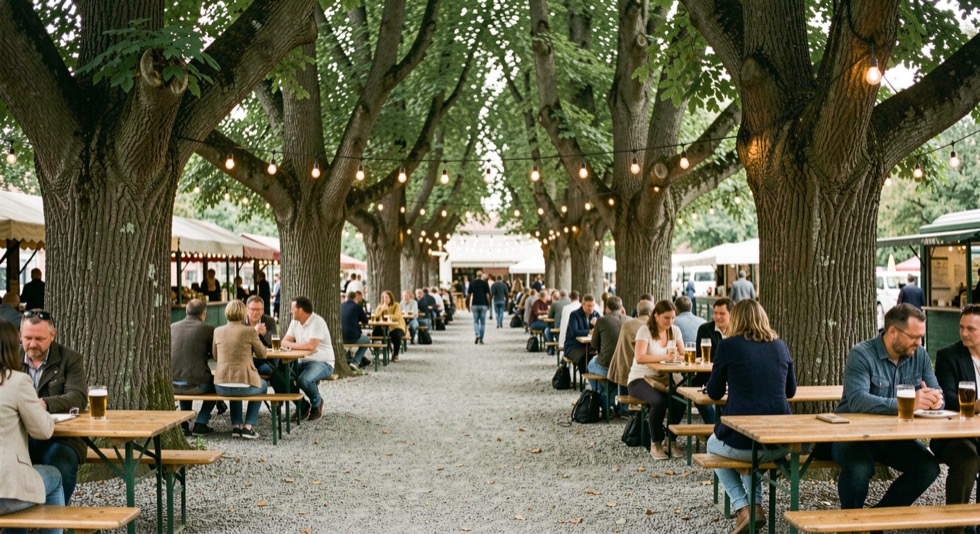 Ein Biergarten unter alten Kastanien mit Kiesboden, Holzbänken und einer Girlande aus Glühbirnen zwischen den Stämmen.