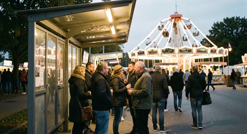 An einer Bushaltestelle am Abend warten Festbesucher unter einer Laterne, im Hintergrund leuchtet ein Fahrgeschäft.