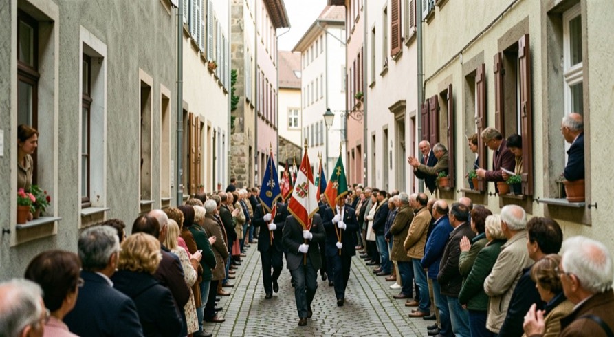 Ein Festzug mit Fahnenträgern biegt in eine enge Altstadtgasse ein, Zuschauer stehen dicht an den Hauswänden und in offenen Fenstern.