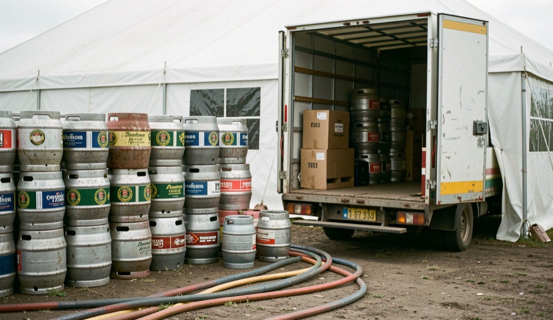 Hinter dem Zelt stehen gestapelte Bierfässer neben einem offenen Kühlwagen, Schläuche liegen über dem Boden.