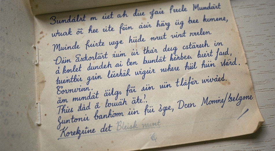 Handgeschriebene Mundartverse stehen in blauer Tinte auf vergilbtem Papier, am Rand stehen Korrekturen mit Bleistift.