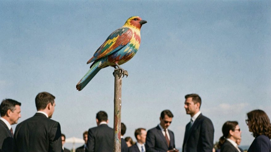 Ein bunt bemalter Holzvogel sitzt auf einer hohen Stange vor blauem Himmel, unten warten Menschen in dunklen Anzügen.