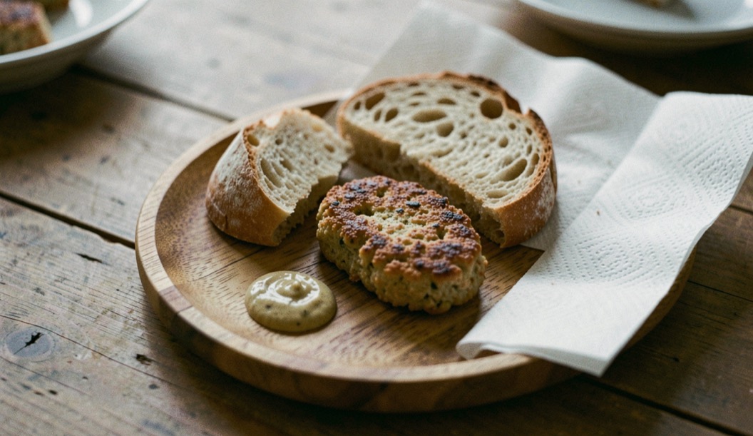 Auf einem Holzteller liegen eine warme Frikadelle, ein Stück Brot und ein Klecks Senf, daneben eine Papierserviette.