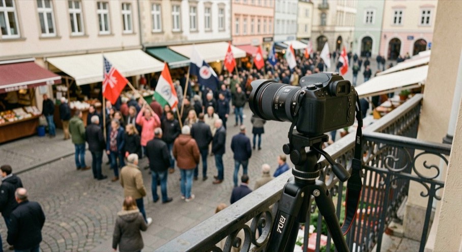 Eine Kamera auf einem Stativ steht auf einem Balkon und filmt den Marktplatz, im Hintergrund sammeln sich Gruppen mit Fahnen.