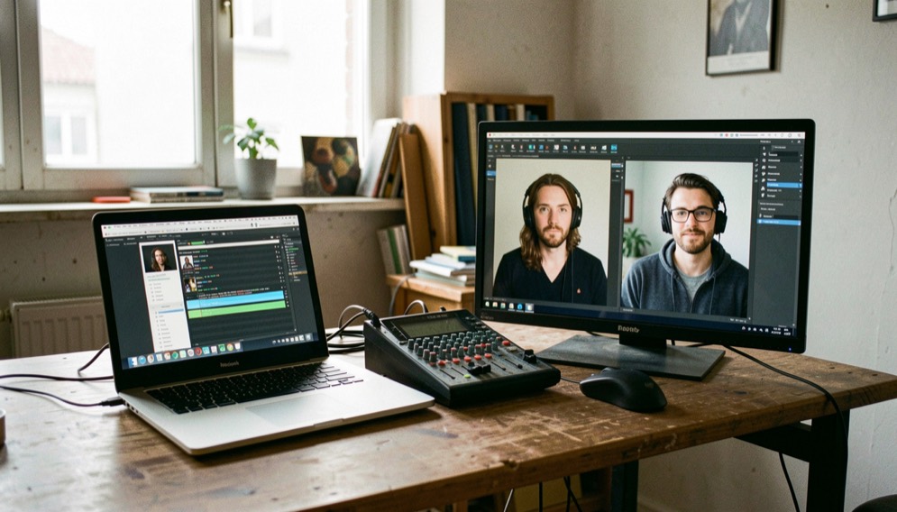In einem improvisierten Regieraum stehen ein Laptop, ein kleines Mischpult und ein Monitor mit zwei Kamerabildern nebeneinander.