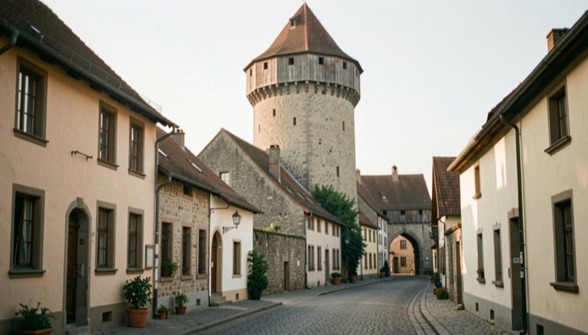 Ein mittelalterlicher Wehrturm ragt im Morgenlicht über die Dächer einer kleinen Stadt, darunter beginnt eine gepflasterte Gasse.