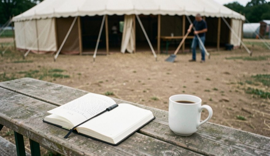 Auf einer Bierbank liegen ein aufgeschlagenes Notizbuch und ein Becher Kaffee, im Hintergrund wird das leere Festzelt gefegt.