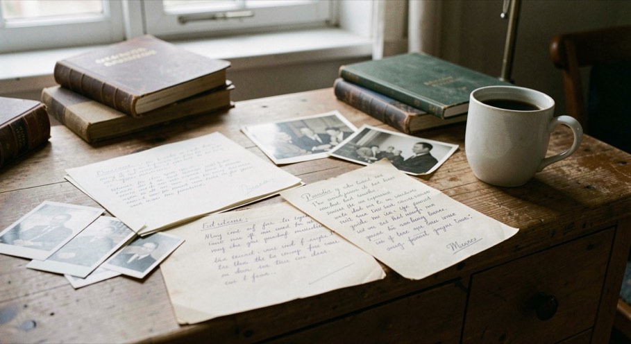 Ein Schreibtisch mit handschriftlichen Notizen, ausgedruckten Fotos, alten Festschriften und einer Tasse Kaffee im Morgenlicht.